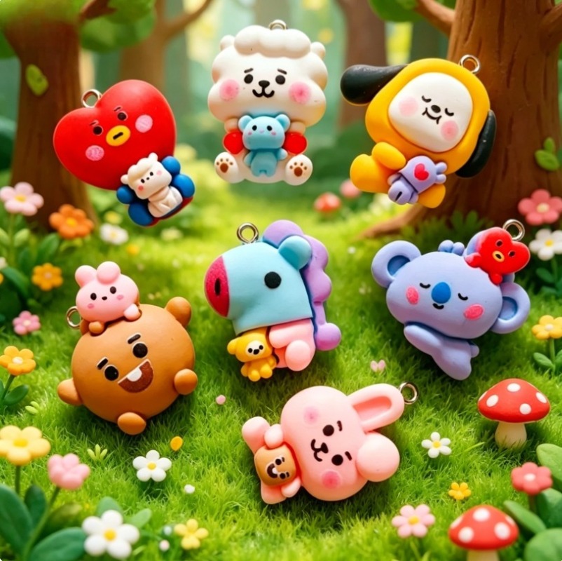 7pcs BT21 Resin Kartun Charm A - Drop Earrings ulasan dan harga